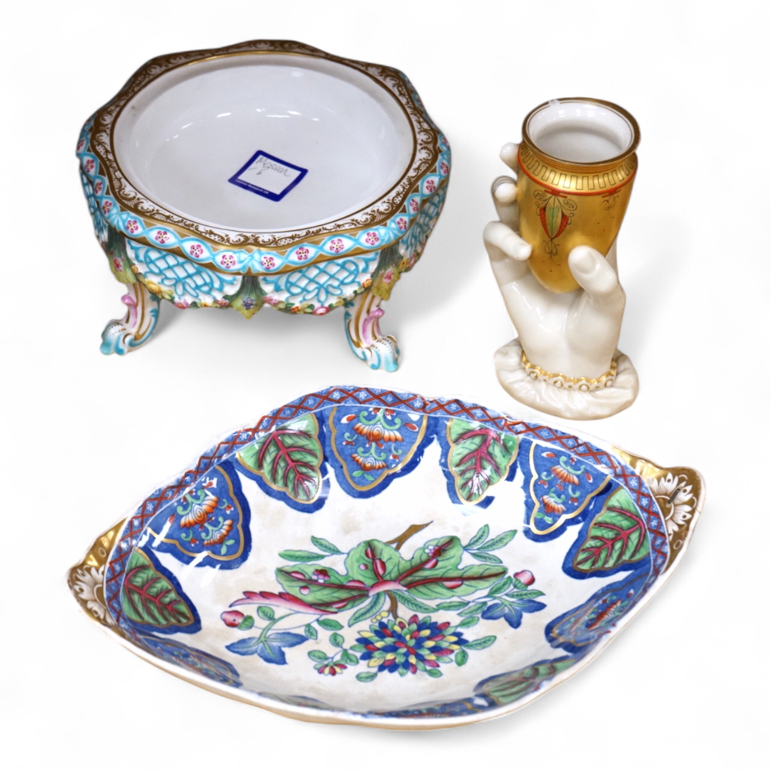 A Victorian Royal Worcester Hadley’s hand vase, a Spode dish and a Meissen style centre piece, largest 27cm wide